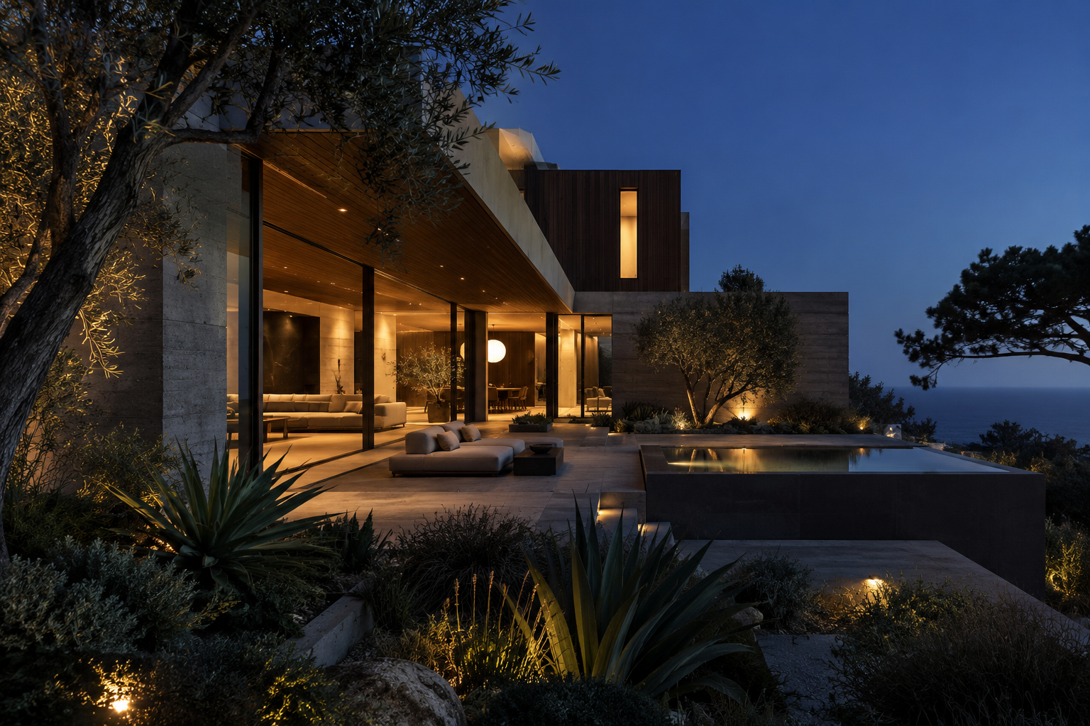 A contemporary Southern California residence at blue hour
