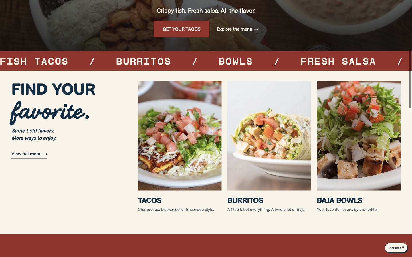 Baja Fish Tacos menu category experience