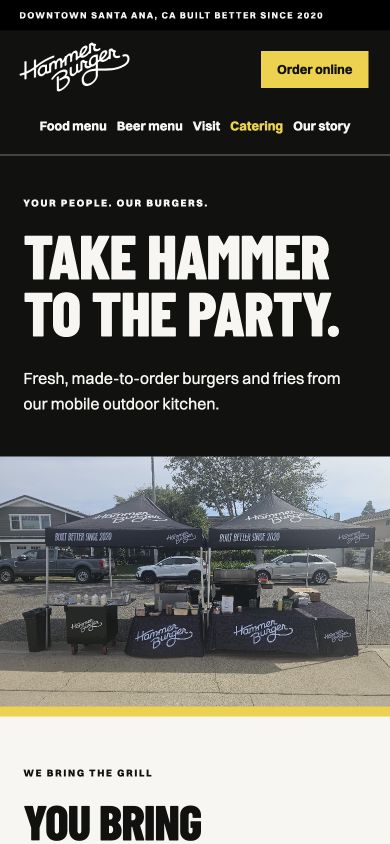 Hammer Burger catering page on mobile