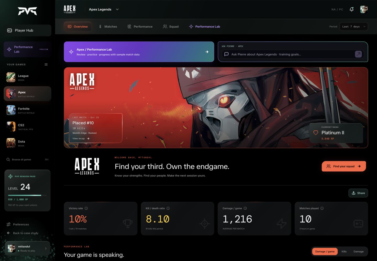 PVP Apex Legends screen with red character artwork, rank, and match performance