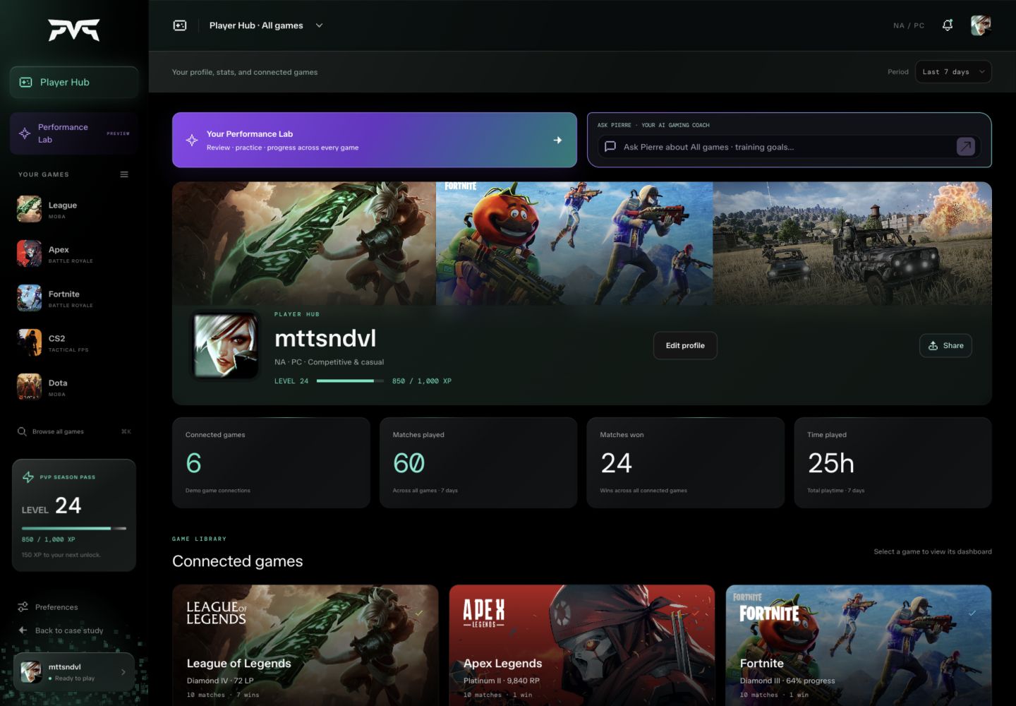 PVP player hub with artwork for connected games and player progression