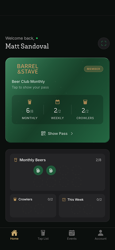 TapPass member app screenshot from the live public demo, showing membership card and beer benefits