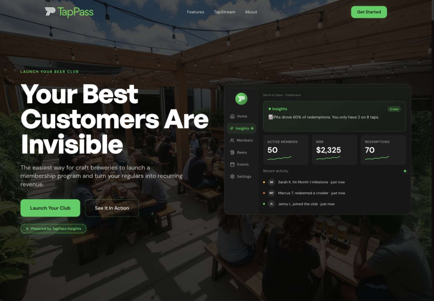 Current TapPass website with brewery photography and membership platform preview